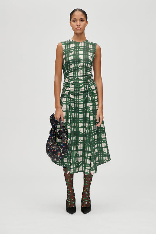 Checkered Cady, Sleeveless Gathered Midi Dress