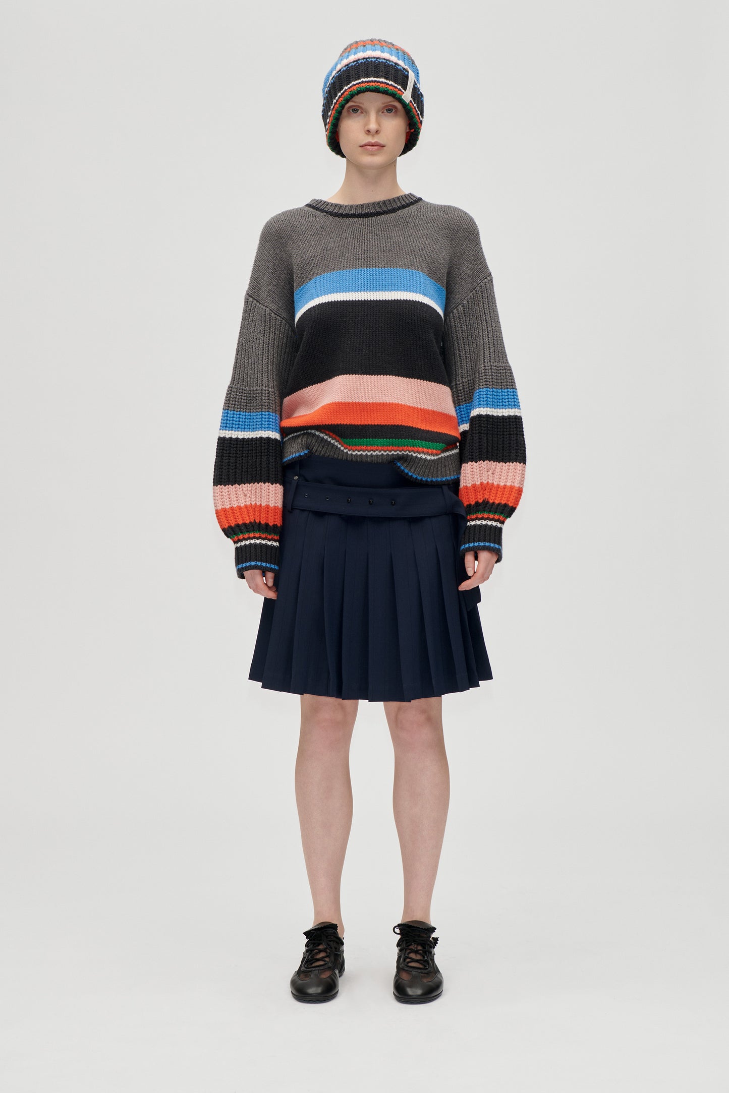 Pinstripe Tailoring, Belted Pleated Skirt