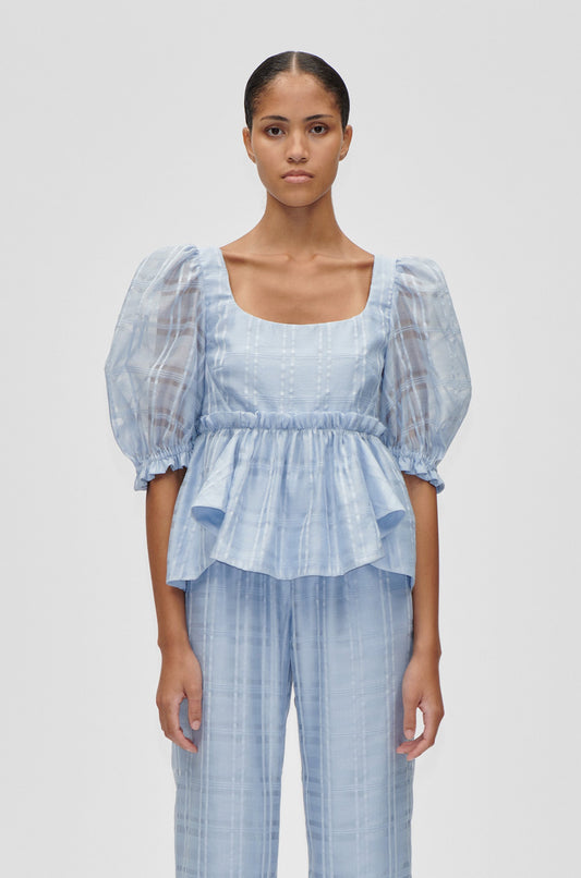 Sheer Organza Plaid, Sheer Ruffling Puffy Sleeve Top