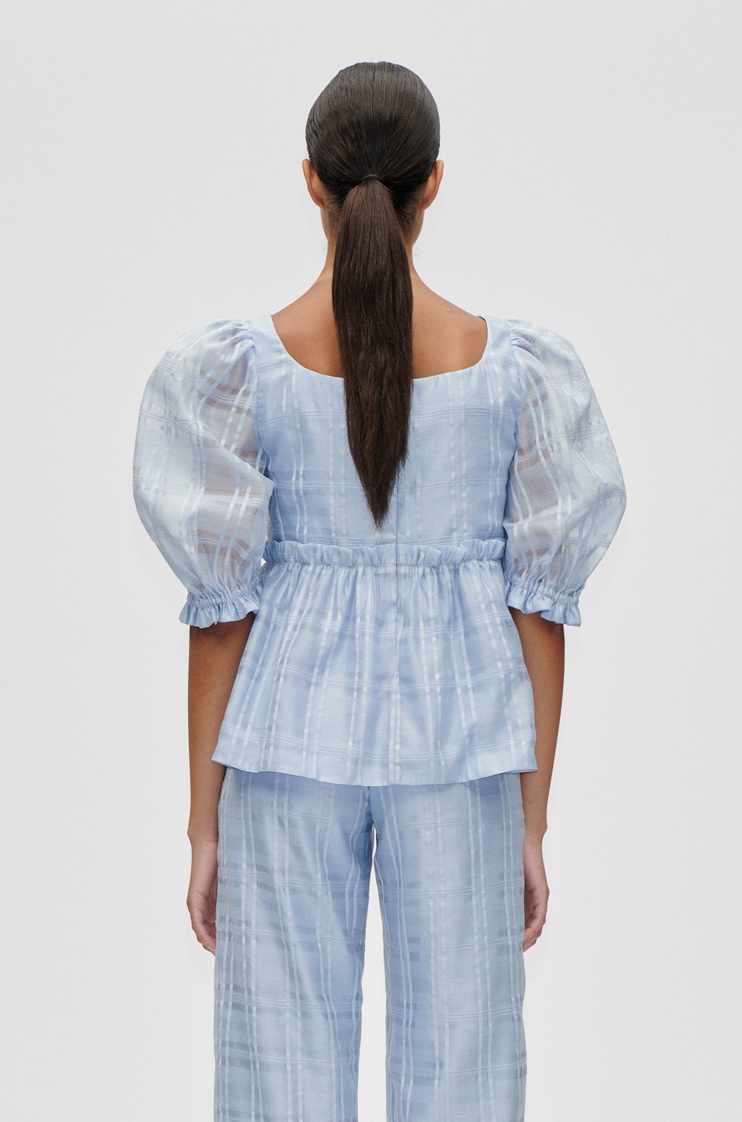 Sheer Organza Plaid, Sheer Ruffling Puffy Sleeve Top