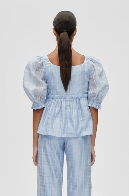 Sheer Organza Plaid, Sheer Ruffling Puffy Sleeve Top