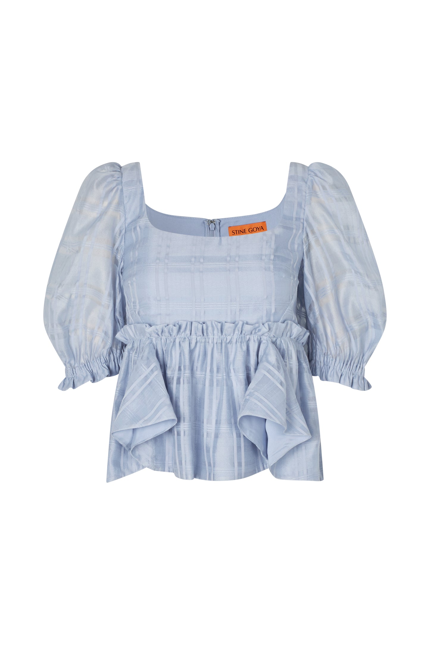Sheer Organza Plaid, Sheer Ruffling Puffy Sleeve Top