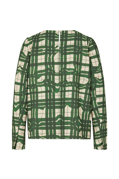 Checkered Cady, Long Sleeve Gathered Ruffle Top