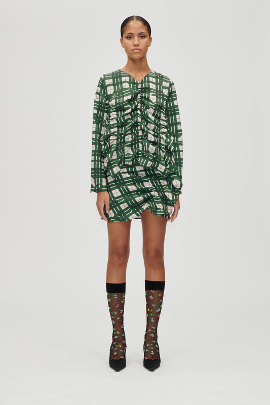 Checkered Cady, Long Sleeve Gathered Ruffle Top