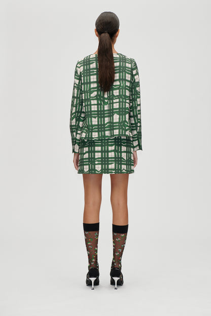 Checkered Cady, Long Sleeve Gathered Ruffle Top