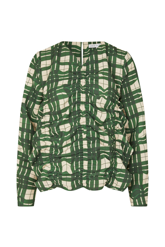 Checkered Cady, Long Sleeve Gathered Ruffle Top