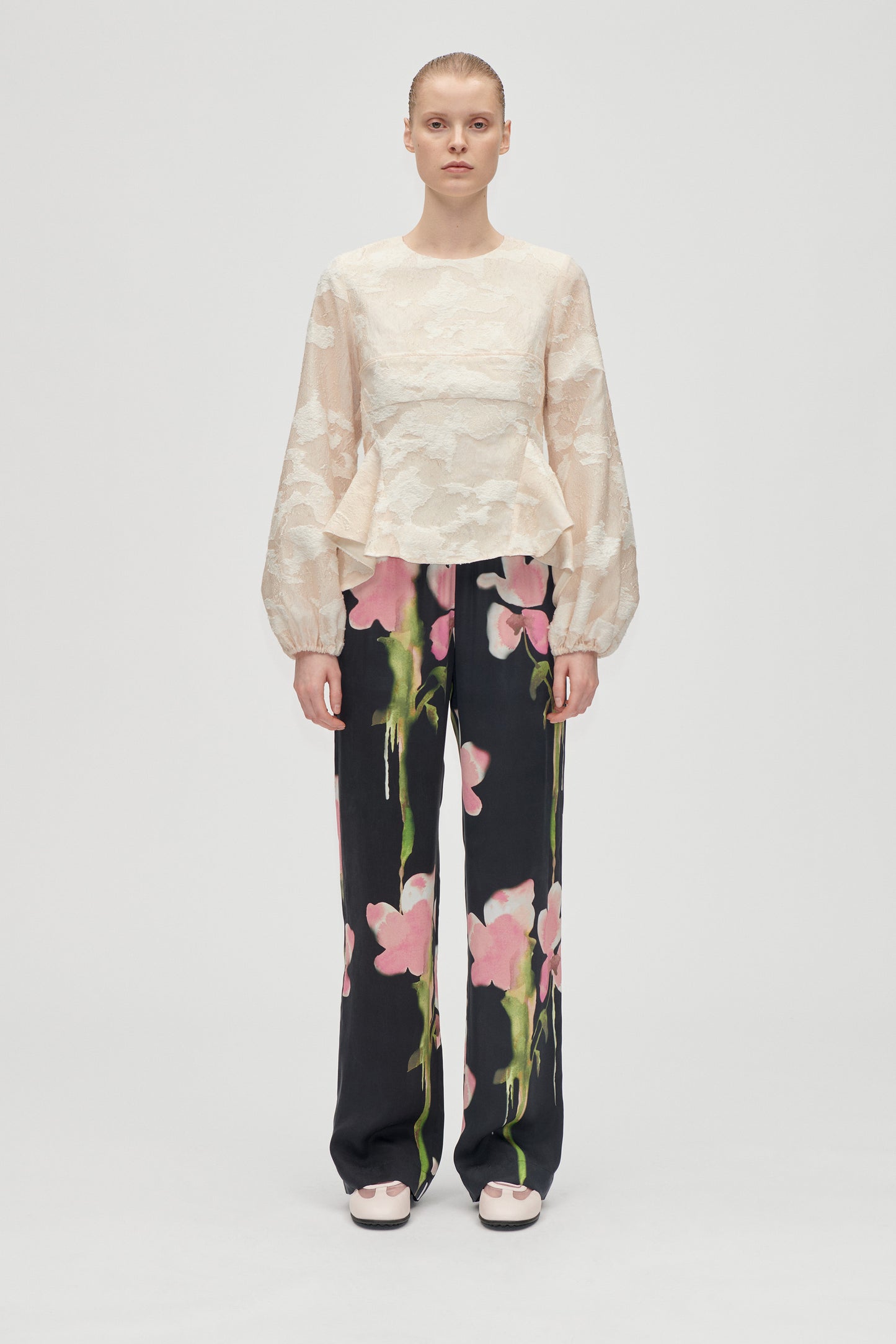 Airy Jacquard, Romantic Ruffling Long Sleeve Top