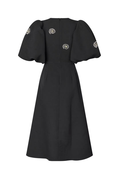 2564 Embellished Cady, Puff Sleeve Midi Dress