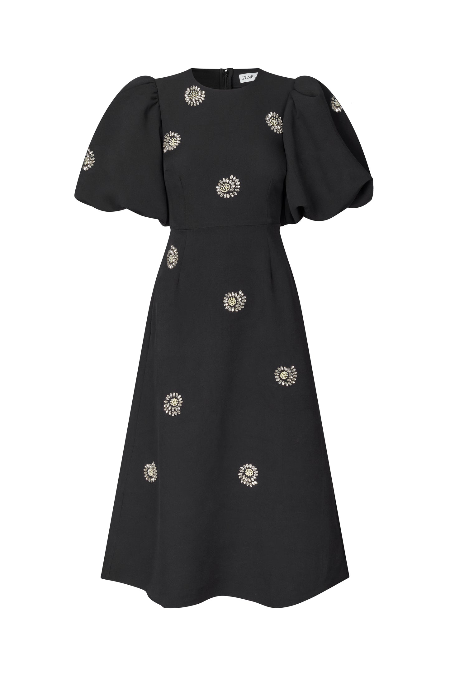 2564 Embellished Cady, Puff Sleeve Midi Dress