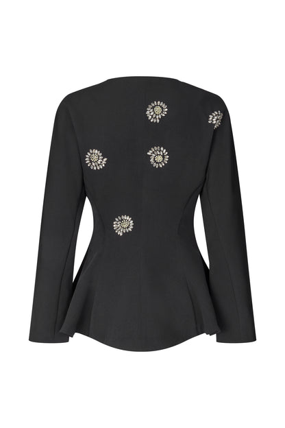 2564 Embellished Cady, Flared Hem Zip-Up Top