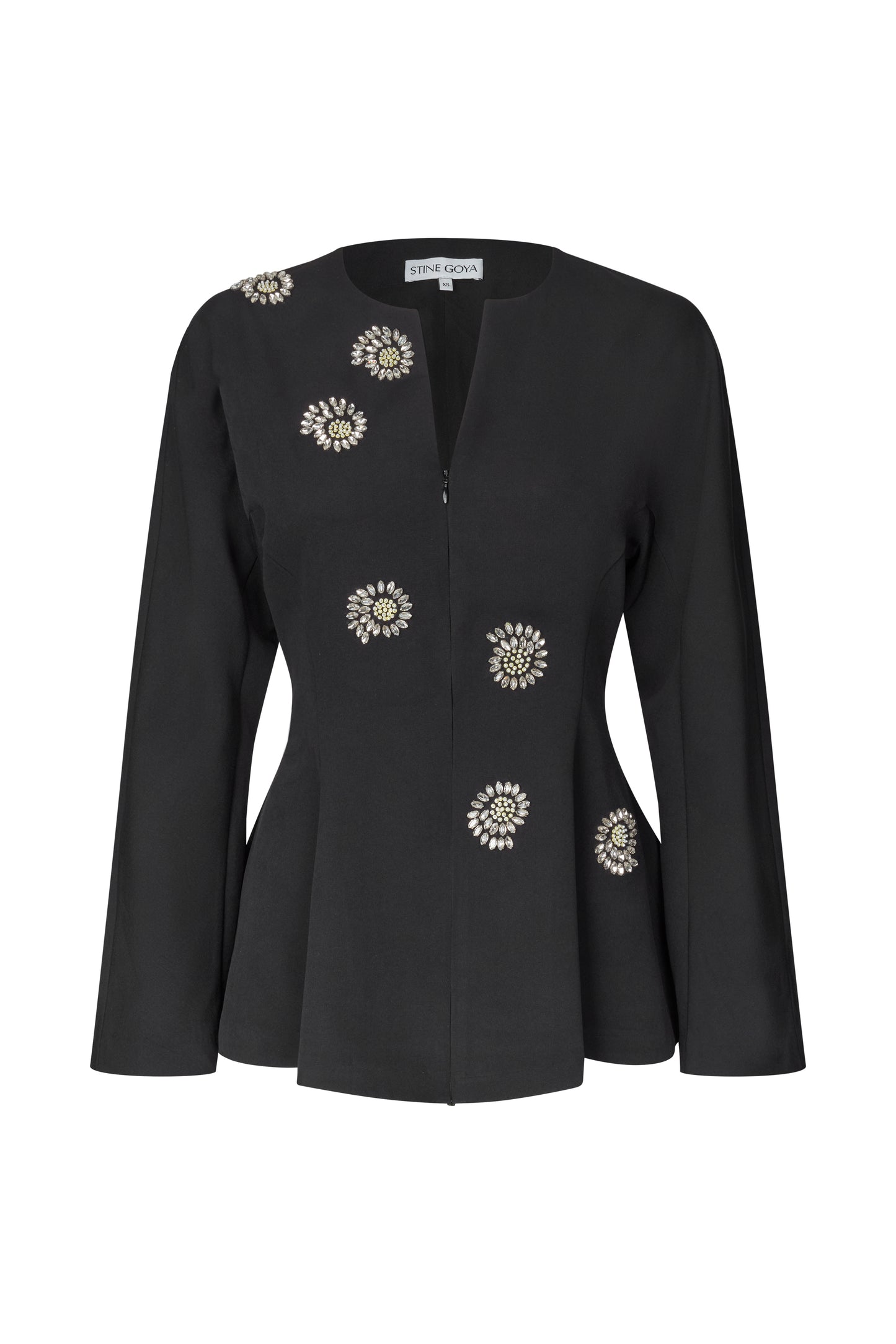 2564 Embellished Cady, Flared Hem Zip-Up Top