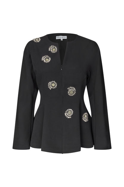 2564 Embellished Cady, Flared Hem Zip-Up Top