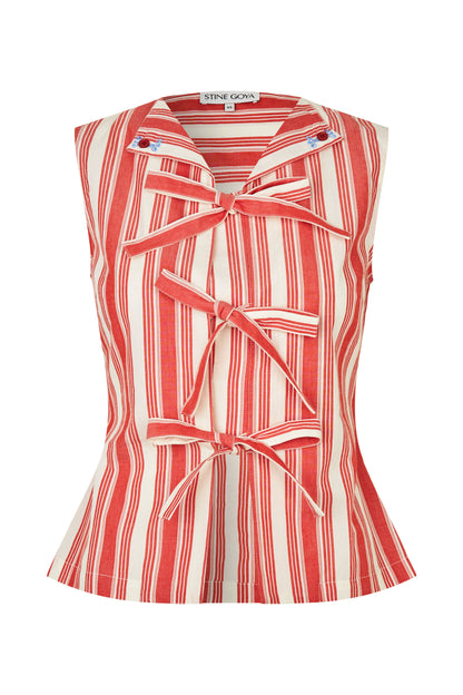 2487 Striped Embroidered Cotton, Tie Front Vest