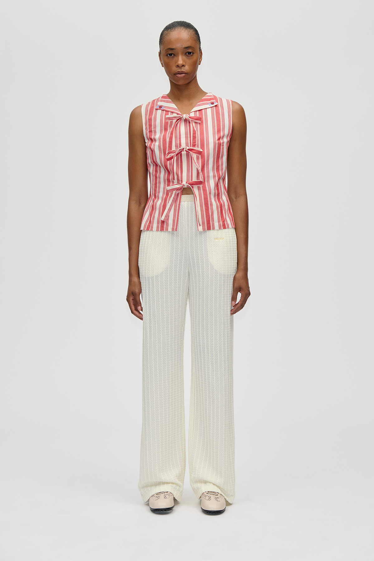 2487 Striped Embroidered Cotton, Tie Front Vest