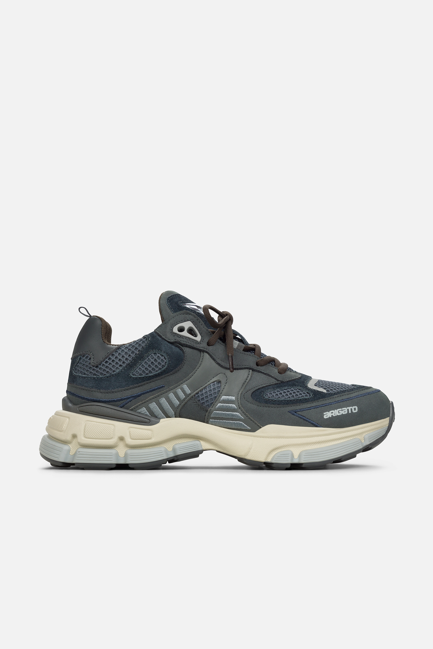 Side view of a black and grey Axel Arigato Sphere Runner sneaker with mesh and leather panels, featuring a chunky off-white sole.