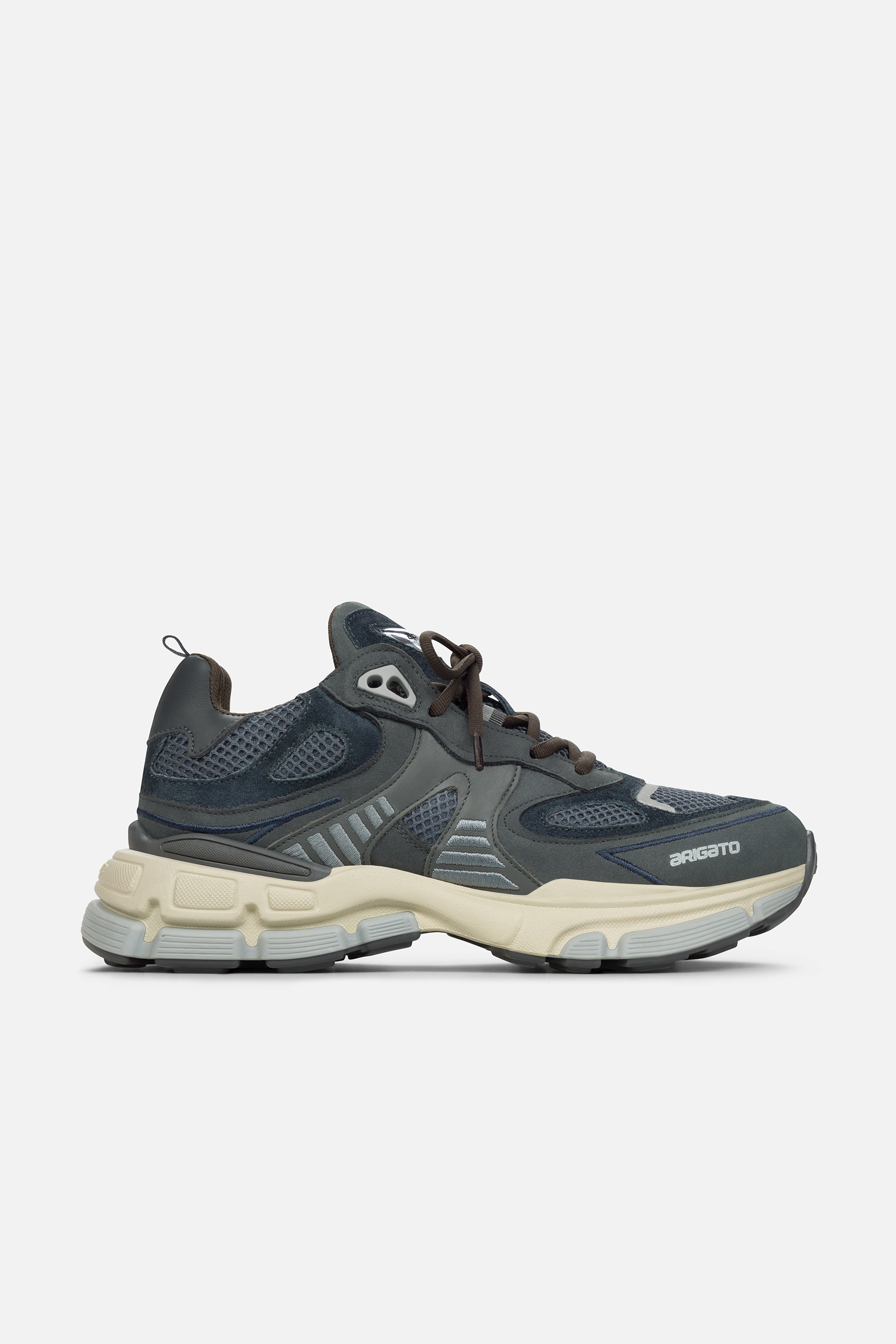 Side view of a black and grey Axel Arigato Sphere Runner sneaker with mesh and leather panels, featuring a chunky off-white sole.