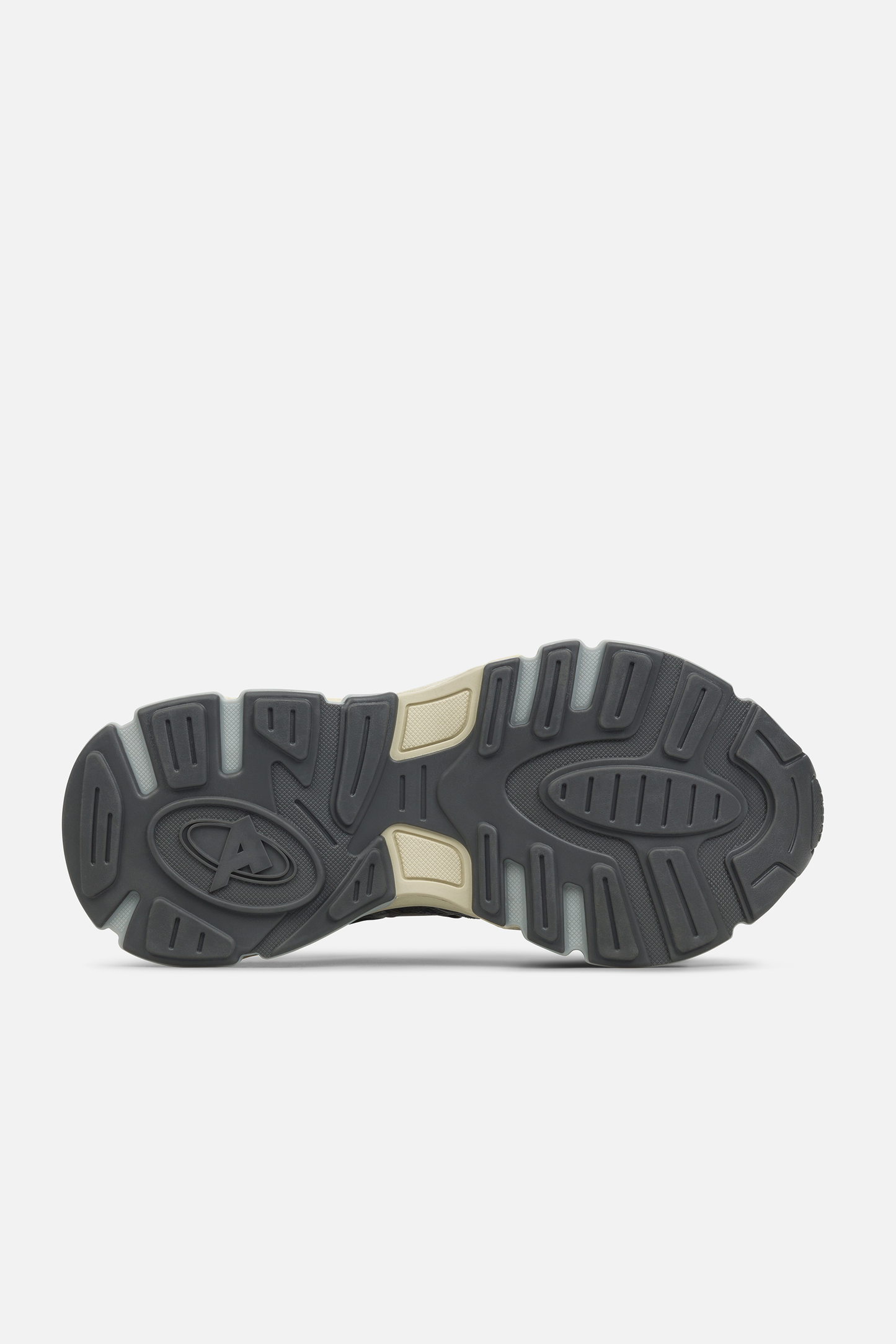 Bottom view of Black and Grey Axel Arigato sphere runner showing the chunky sole.
