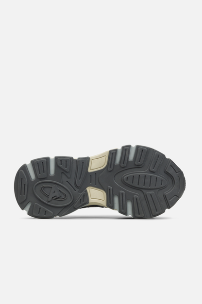 Bottom view of Black and Grey Axel Arigato sphere runner showing the chunky sole.