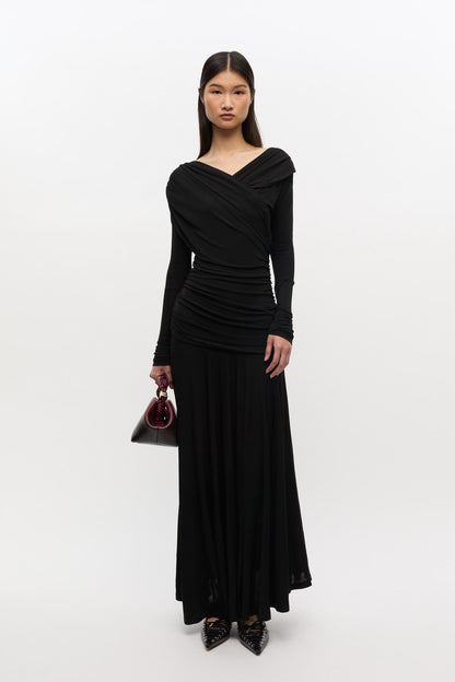 Interlock Jersey Crossover Ruched Long Dress