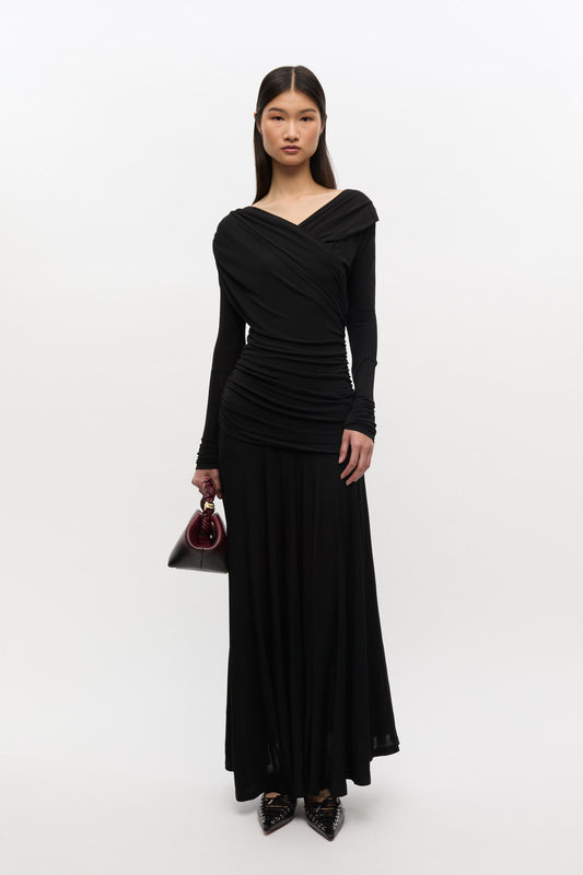 Interlock Jersey Crossover Ruched Long Dress