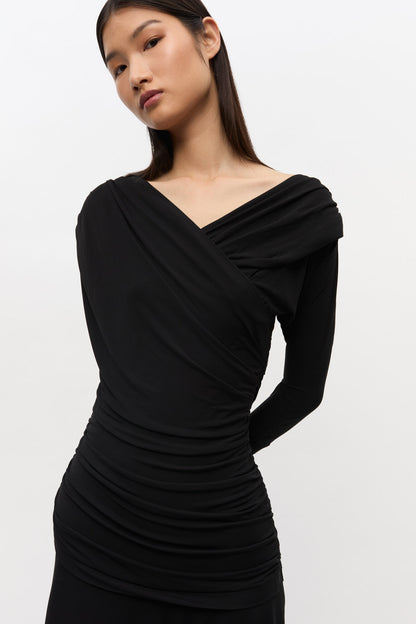 Interlock Jersey Crossover Ruched Long Dress