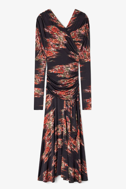 Printed Shiny Jersey Ruched Long Dress