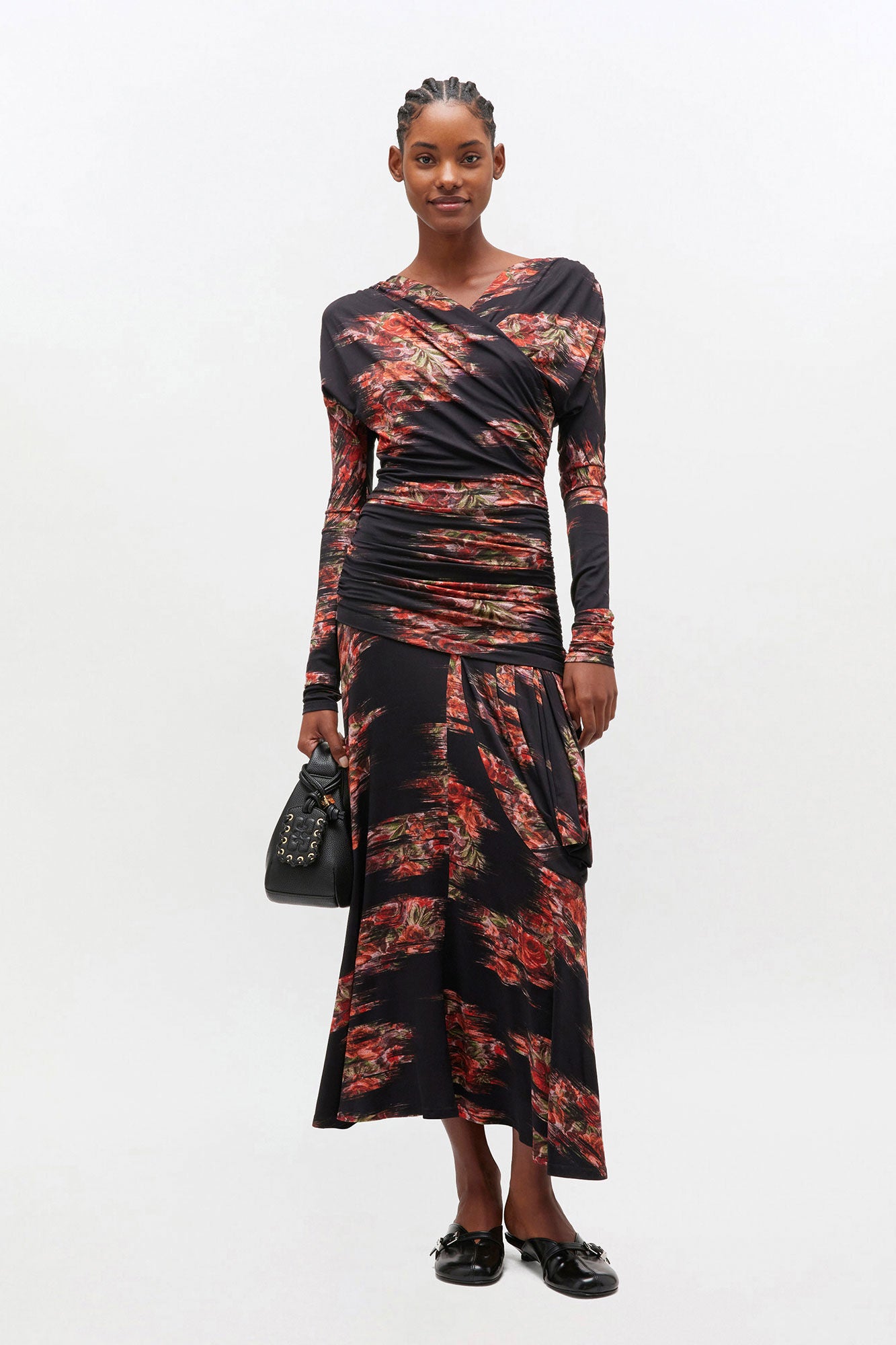 Printed Shiny Jersey Ruched Long Dress