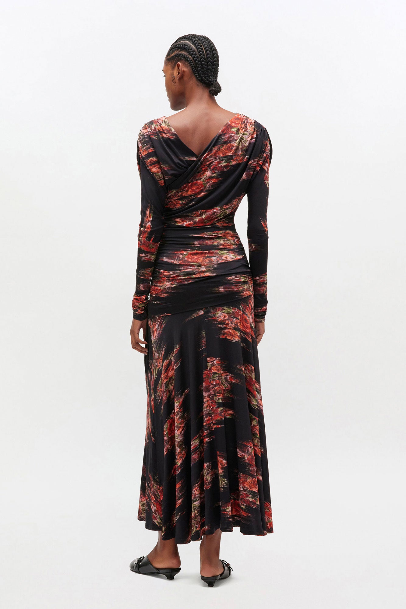 Printed Shiny Jersey Ruched Long Dress