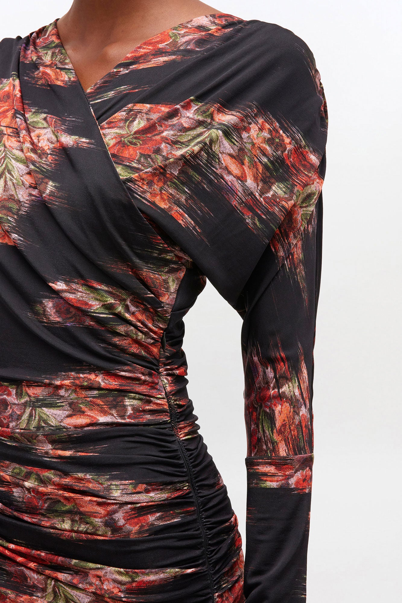 Printed Shiny Jersey Ruched Long Dress