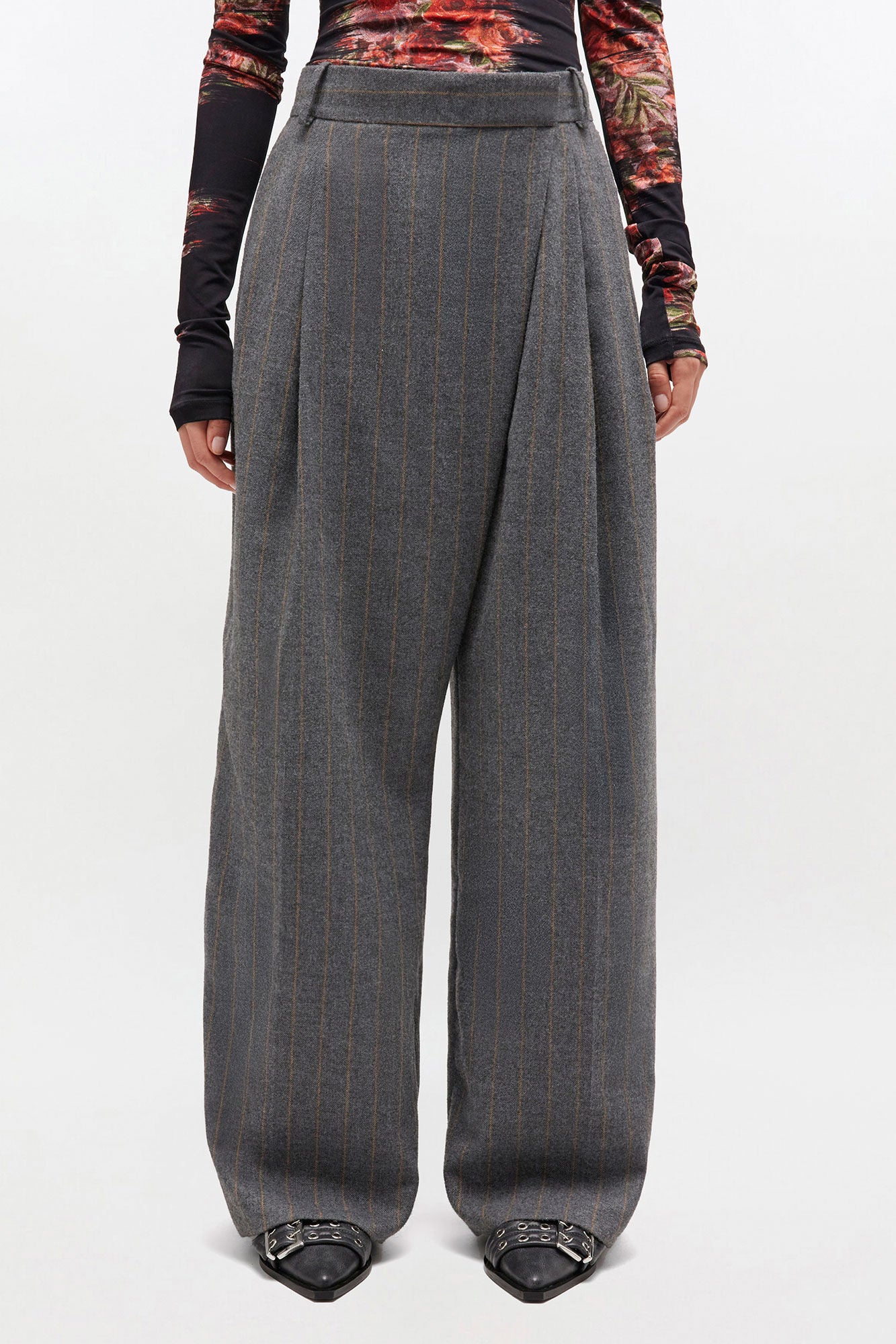 Brushed Wool Stripe Mid Waist Pants