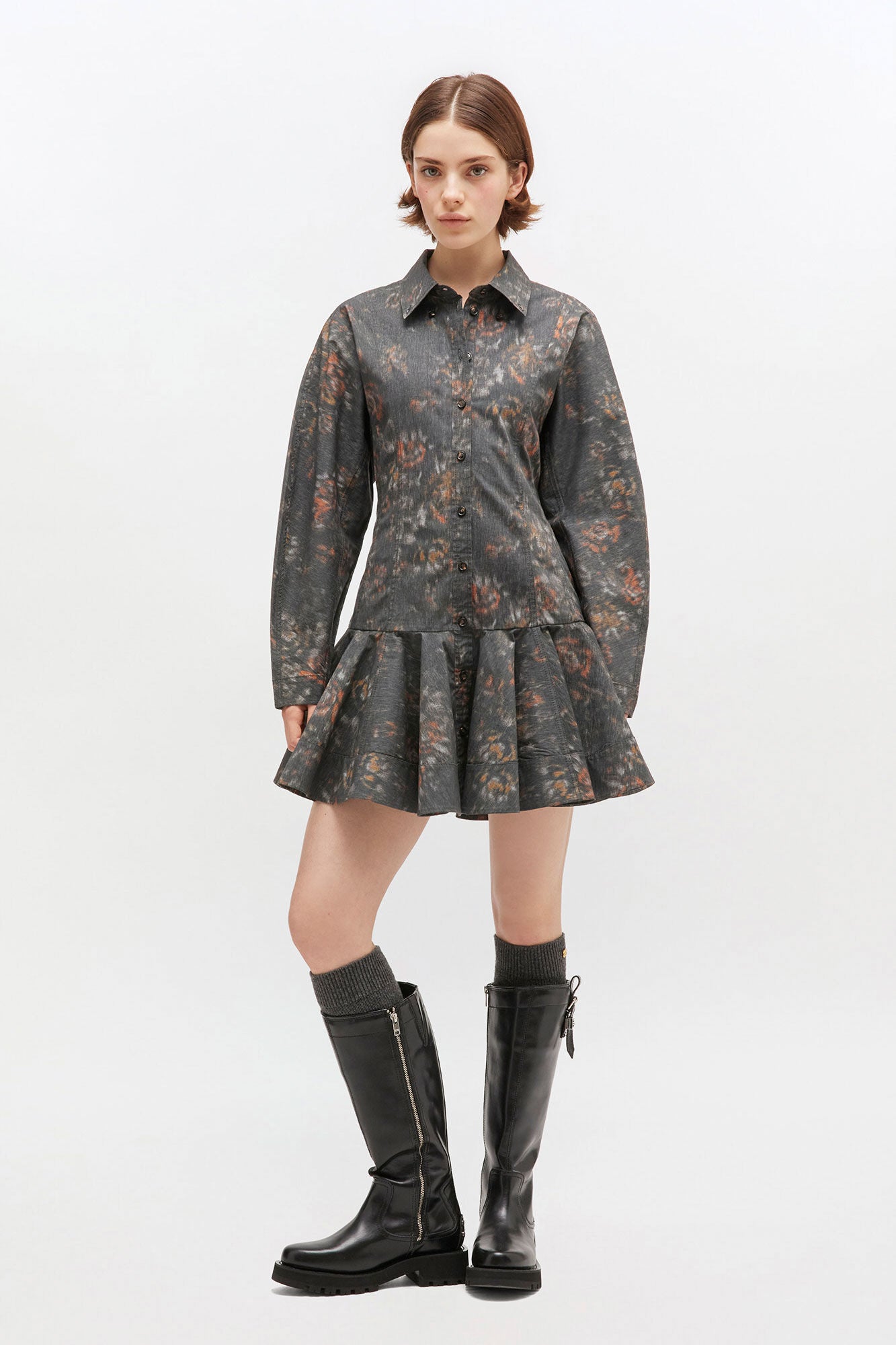 Printed Stretch Cotton Buttoned Mini Dress