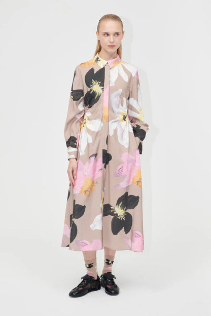 Waist Gather Shirt Midi Dress