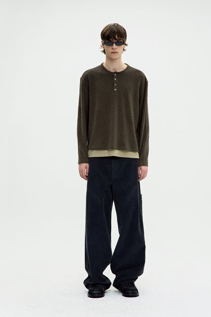 HAIRY HENLEY NECK LAYERED T-SHIRT