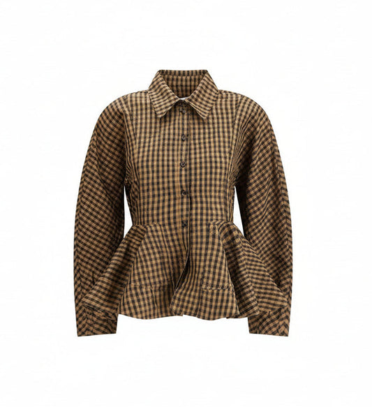Crinkled Taffeta Check Peplum Shirt