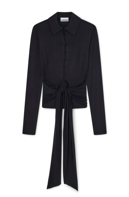 Shiny Jersey Long Sleeve Tie Blouse